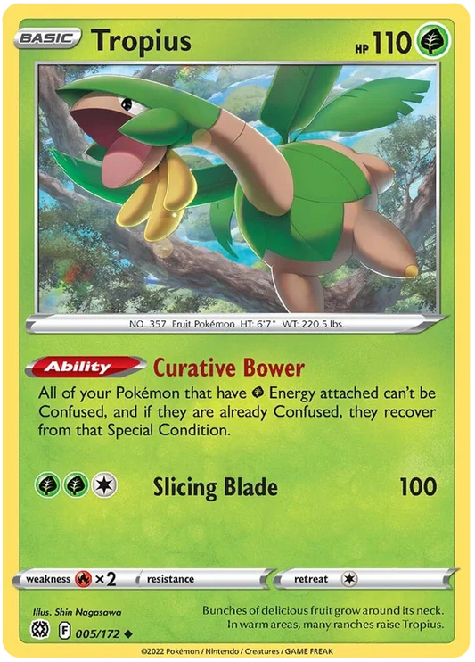 Tropius Pokémon kaart uit Brilliant Stars met kaartnummer 005/172, Uncommon rarity