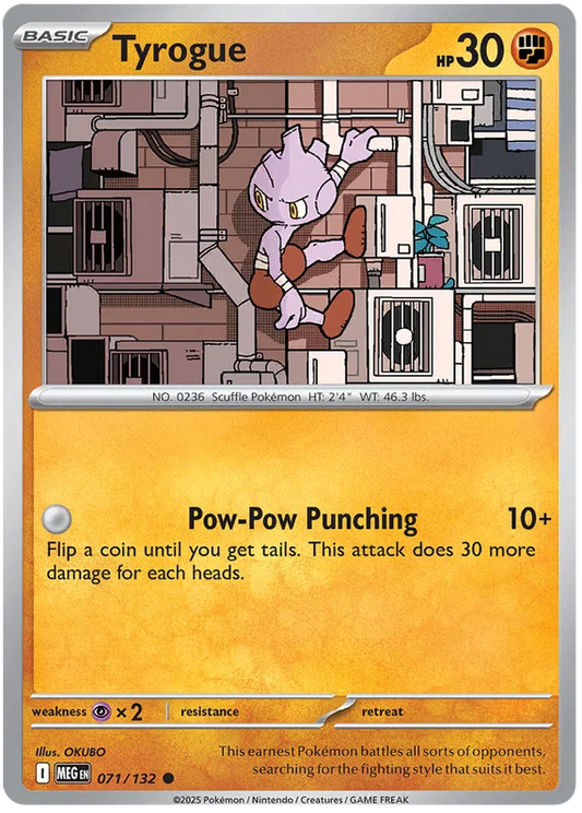 Tyrogue common kaart uit de Pokémon Mega Evolution set, kaartnummer 071