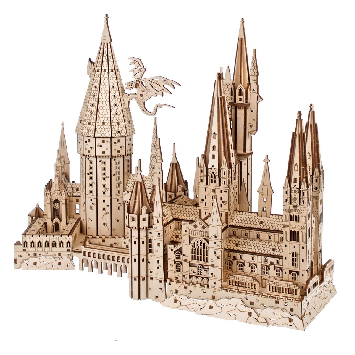 UGears Harry Potter Hogwarts Castle houten 3D bouwpakket met torens en bewegende trap - achteraanzicht