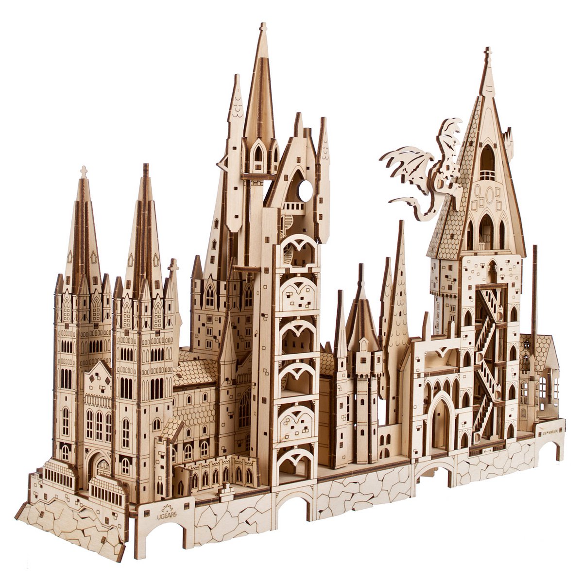 UGears Harry Potter Hogwarts Castle houten 3D bouwpakket met torens en bewegende trap - achteraanzicht
