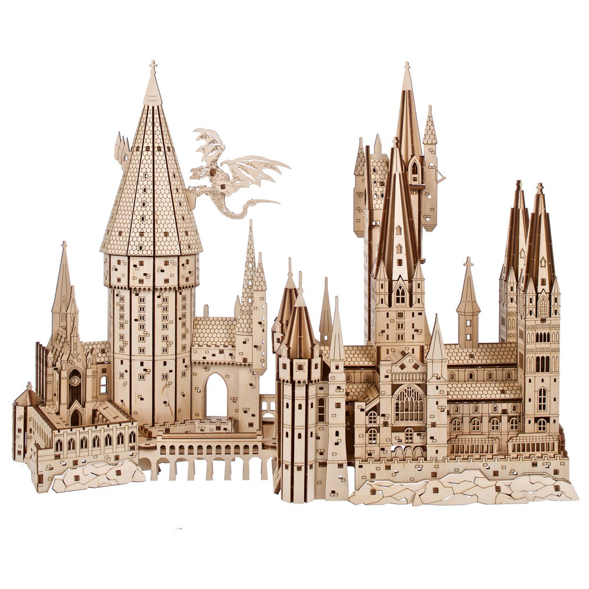 UGears Harry Potter Hogwarts Castle houten 3D bouwpakket met torens en bewegende trap - zijaanzicht