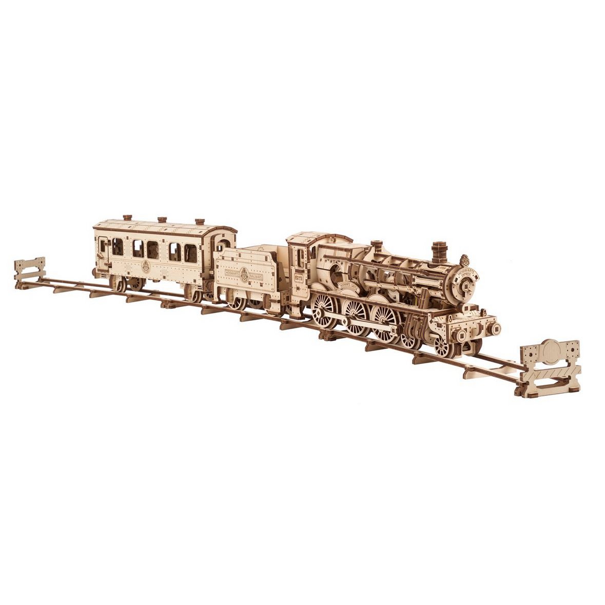 Ugears Harry Potter Hogwarts Express houten mechanisch modelbouwpakket met locomotief, tender en passagierswagon - vooraanzicht