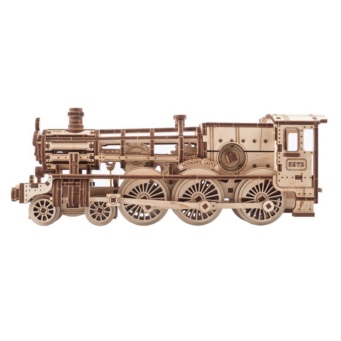 Ugears Harry Potter Hogwarts Express houten mechanisch modelbouwpakket met locomotief, tender en passagierswagon - zijaanzicht