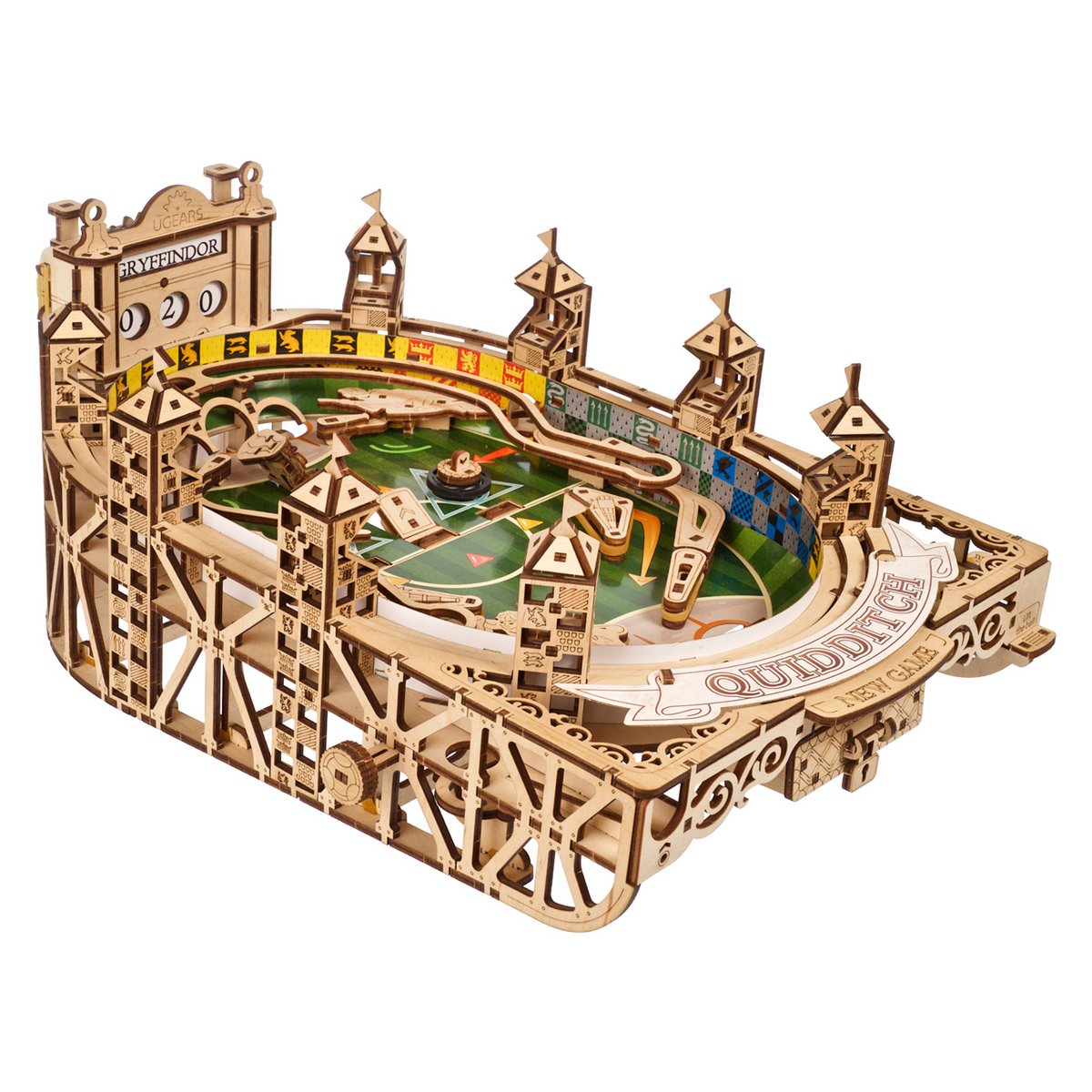 Ugears Harry Potter Quidditch Pinball modelbouw flipperkast met Zweinstein huizen logo's - vooraanzicht