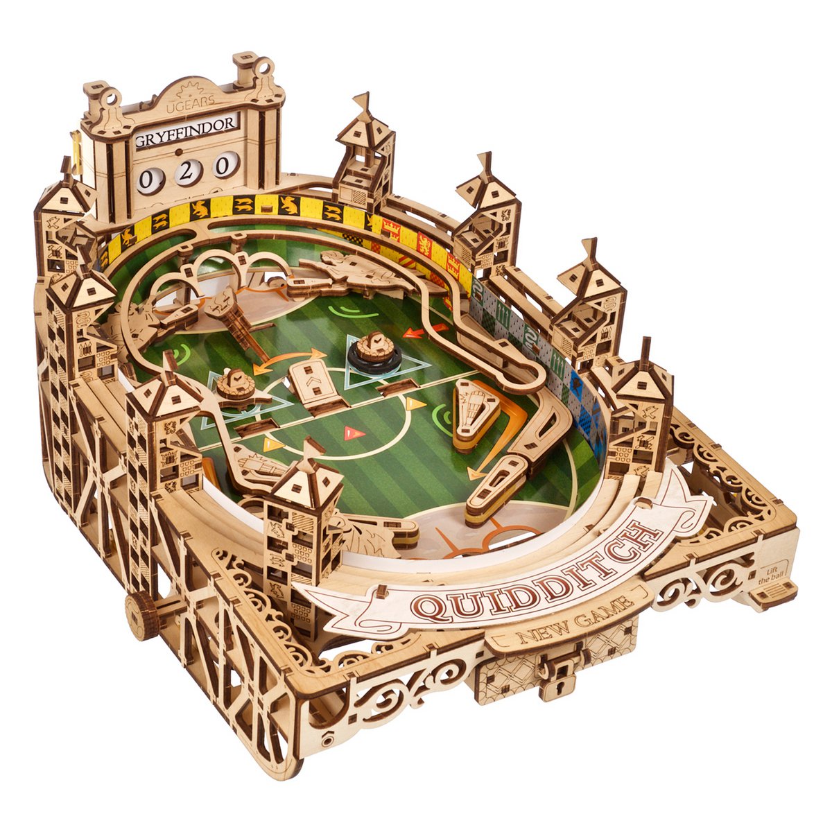 Ugears Harry Potter Quidditch Pinball modelbouw flipperkast met Zweinstein huizen logo's - verpakking