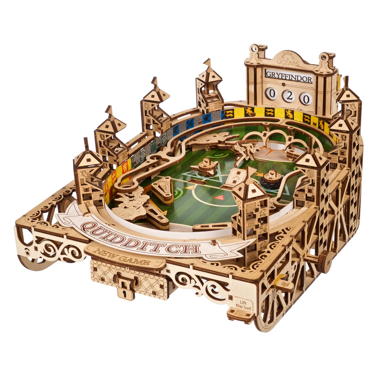 Ugears Harry Potter Quidditch Pinball modelbouw flipperkast met Zweinstein huizen logo's - zijaanzicht