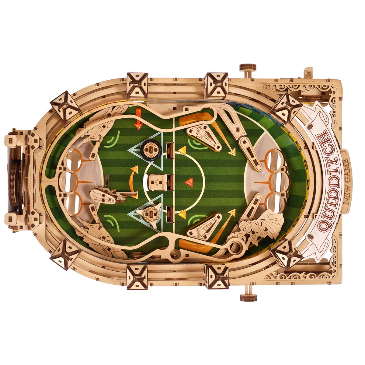 Ugears Harry Potter Quidditch Pinball modelbouw flipperkast met Zweinstein huizen logo's - vooraanzicht