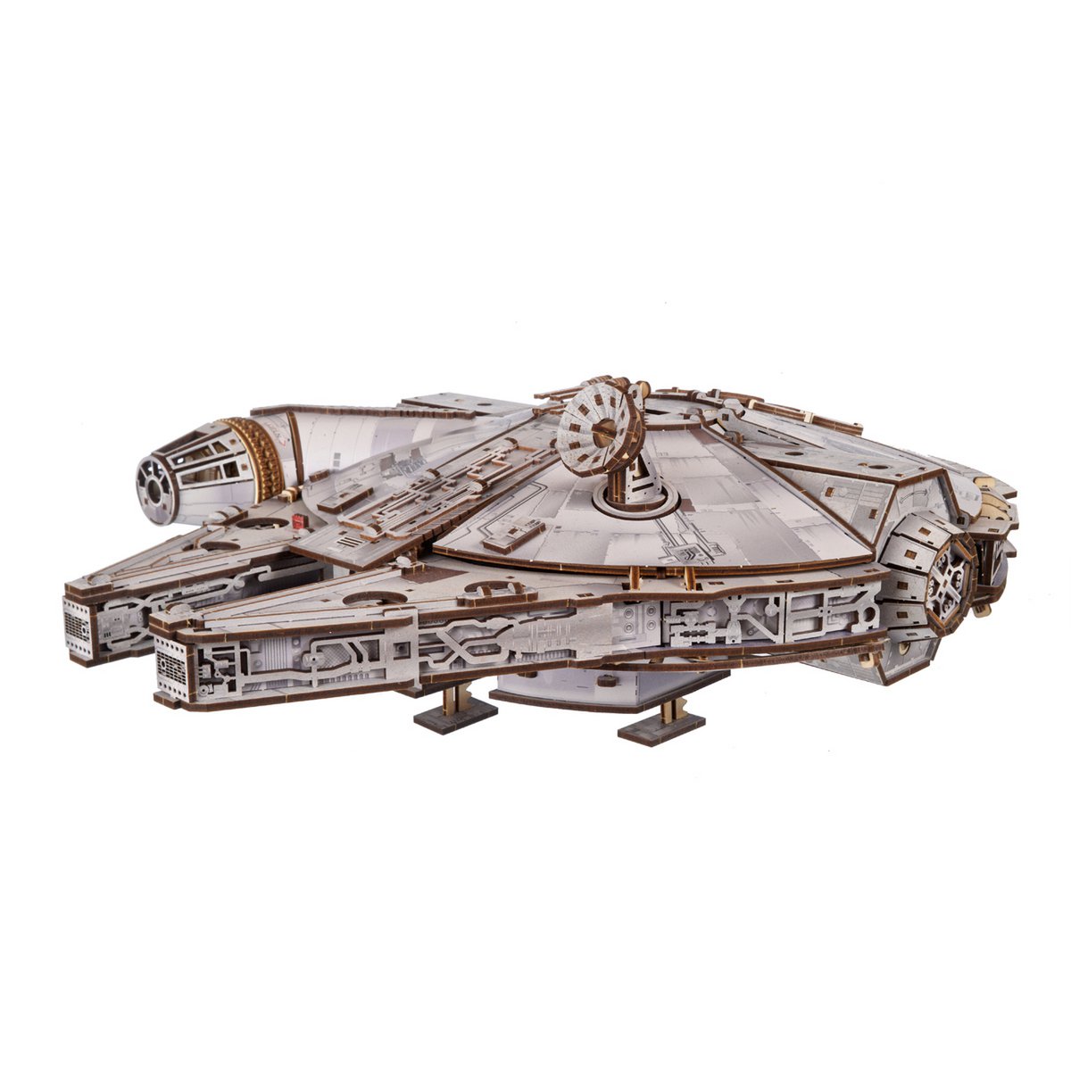 UGears Millennium Falcon Star Wars miniatuur houten bouwpakket op schaal 1:75 - vooraanzicht