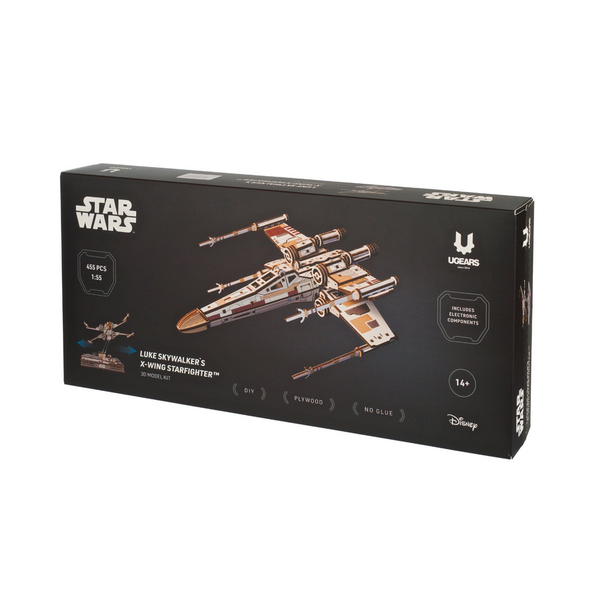 UGears Star Wars Luke Skywalker's X-Wing Starfighter 3D houten bouwpakket met Death Star standaard - verpakking