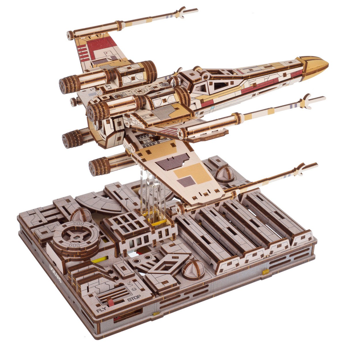UGears Star Wars Luke Skywalker's X-Wing Starfighter 3D houten bouwpakket met Death Star standaard - zijaanzicht