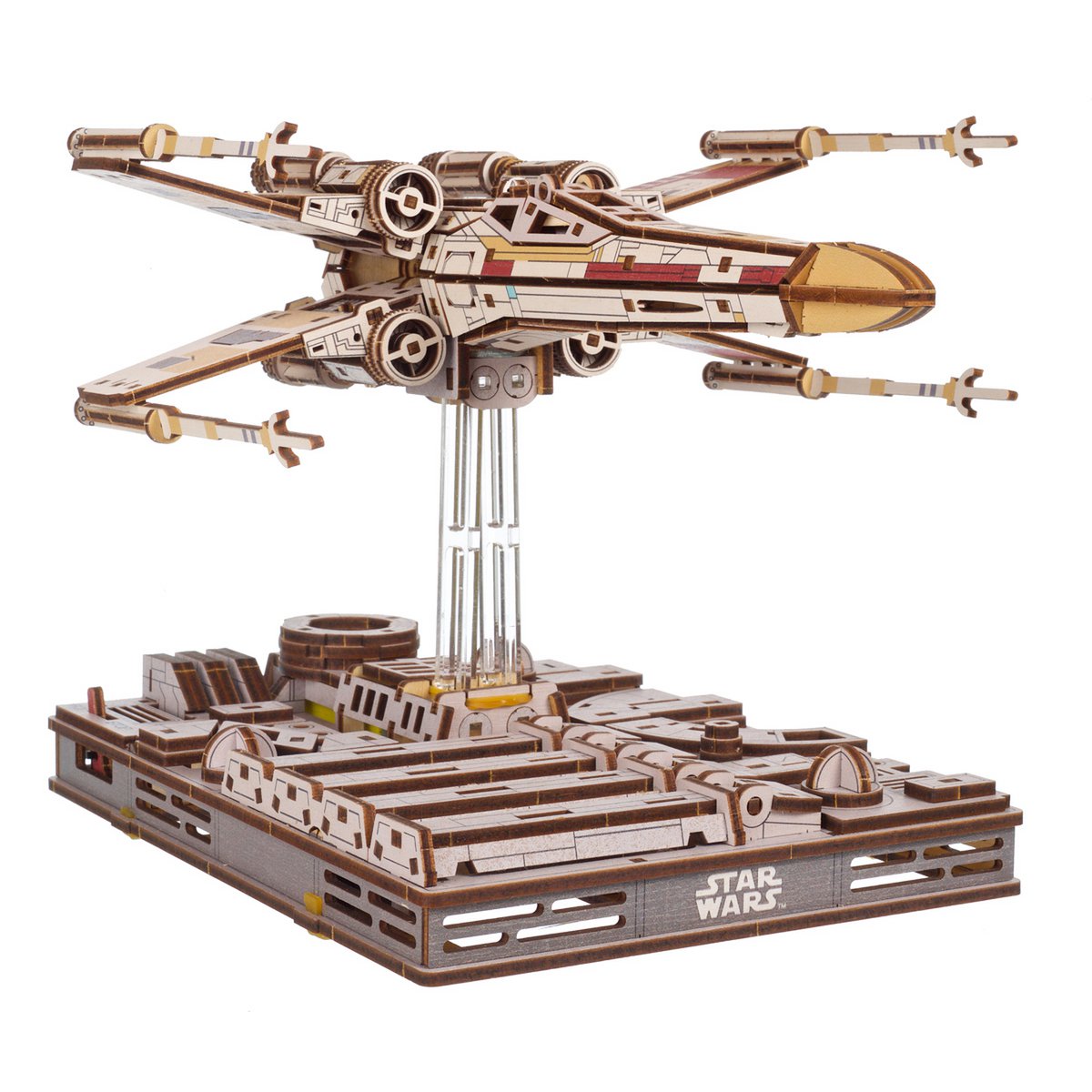 UGears Star Wars Luke Skywalker's X-Wing Starfighter 3D houten bouwpakket met Death Star standaard - achteraanzicht