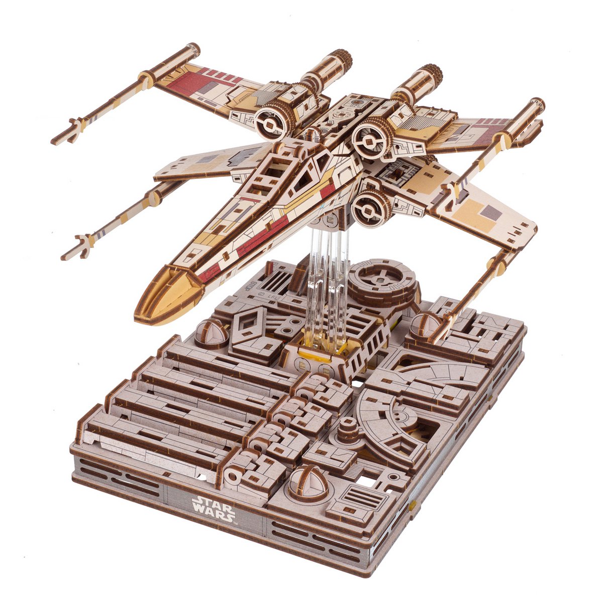UGears Star Wars Luke Skywalker's X-Wing Starfighter 3D houten bouwpakket met Death Star standaard - vooraanzicht