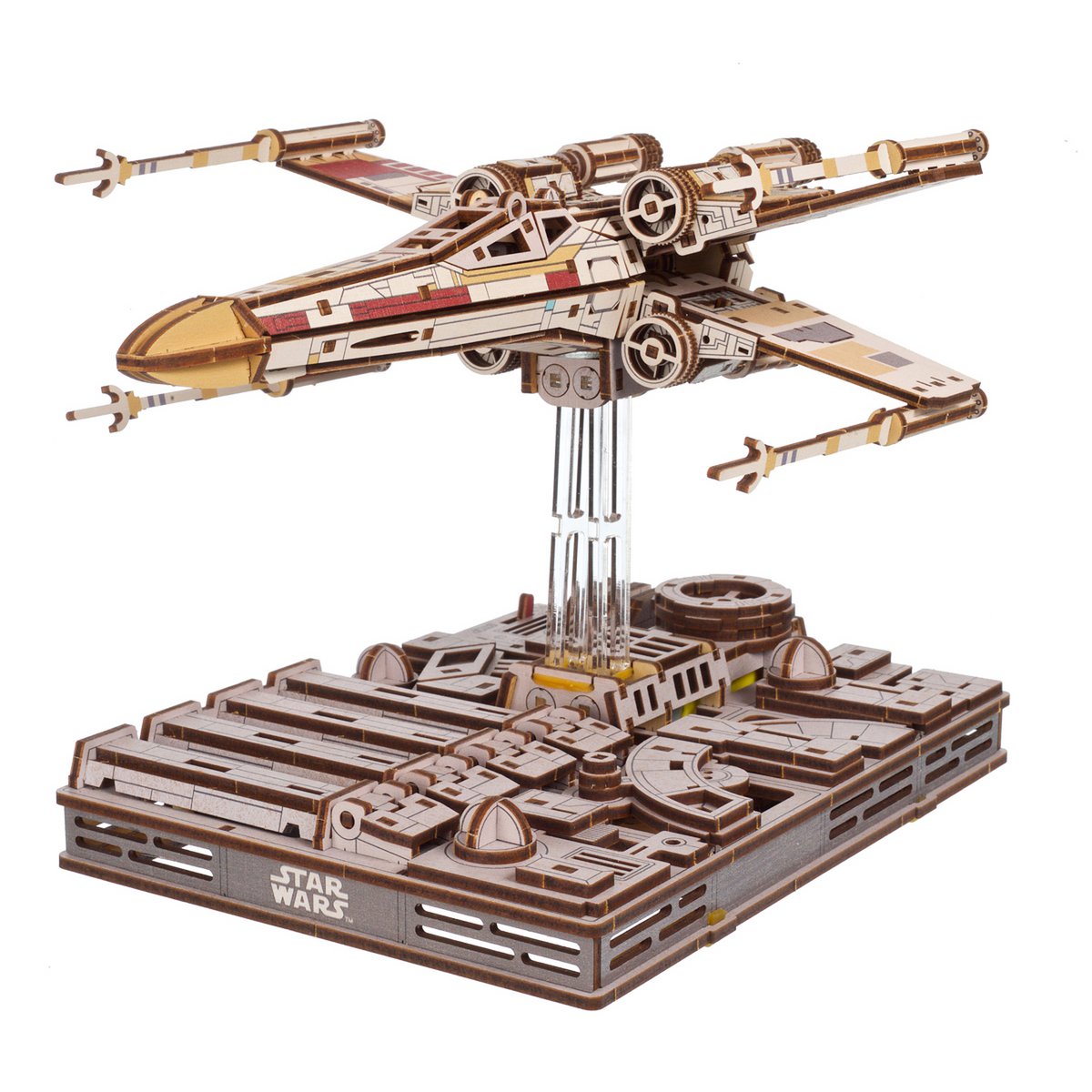 UGears Star Wars Luke Skywalker's X-Wing Starfighter 3D houten bouwpakket met Death Star standaard - verpakking