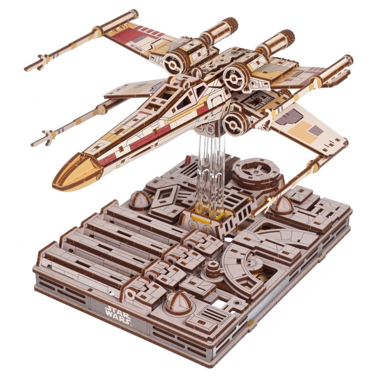 UGears Star Wars Luke Skywalker's X-Wing Starfighter 3D houten bouwpakket met Death Star standaard - zijaanzicht