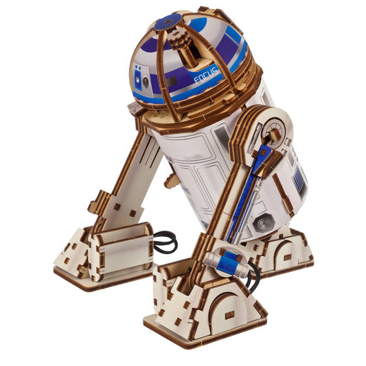 UGears Star Wars R2-D2 bouwpakket houten 3D model met bewegende benen en LED-projector - vooraanzicht