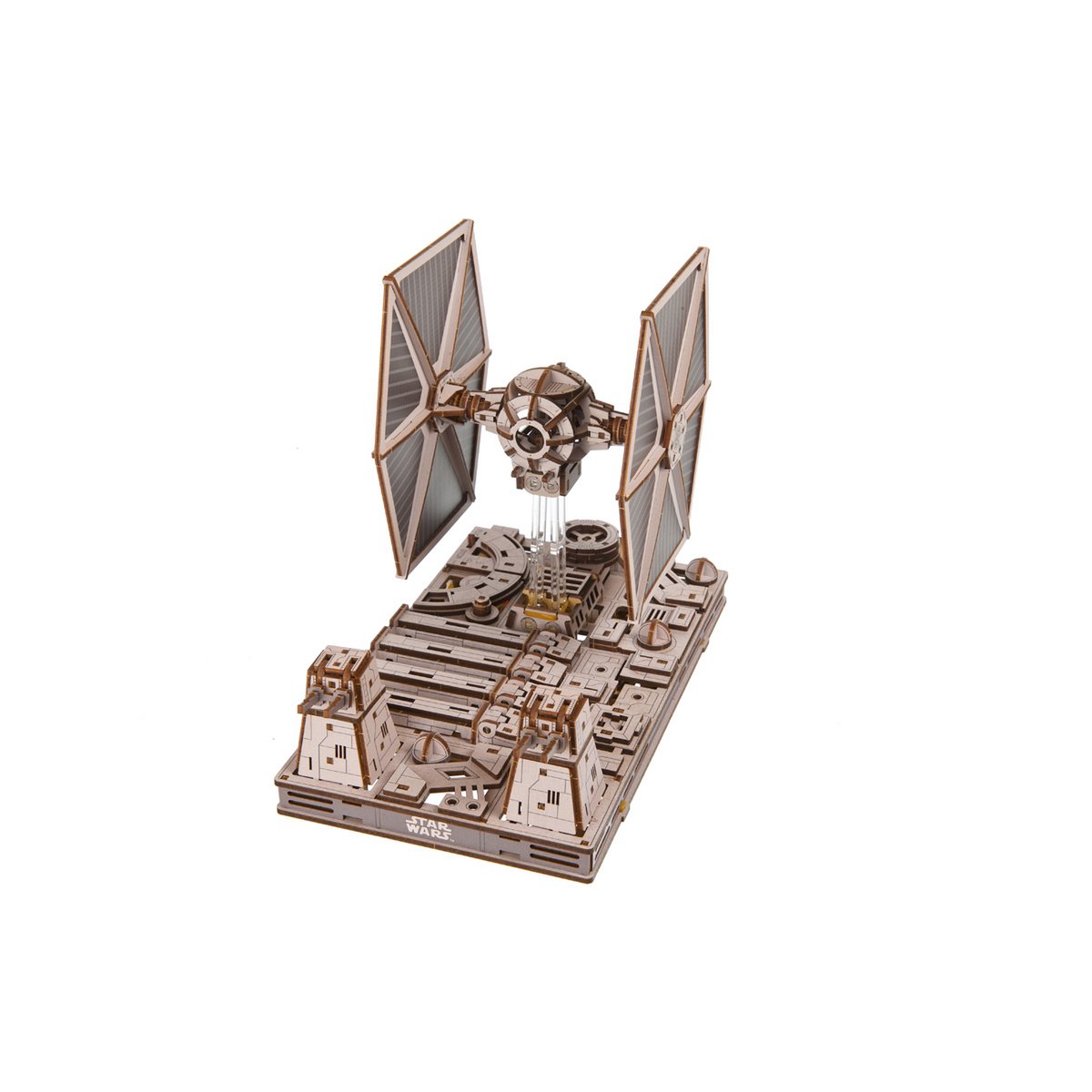 UGears Star Wars TIE Fighter miniatuur bouwpakket verpakking met houten model - zijaanzicht