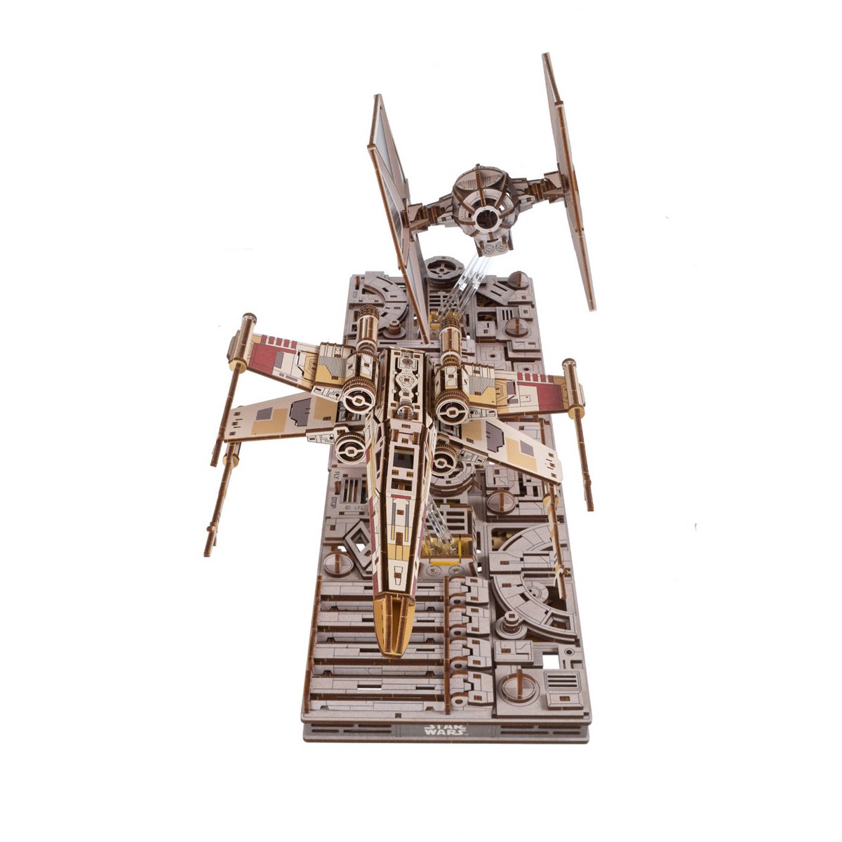 UGears Star Wars TIE Fighter miniatuur bouwpakket verpakking met houten model - achteraanzicht