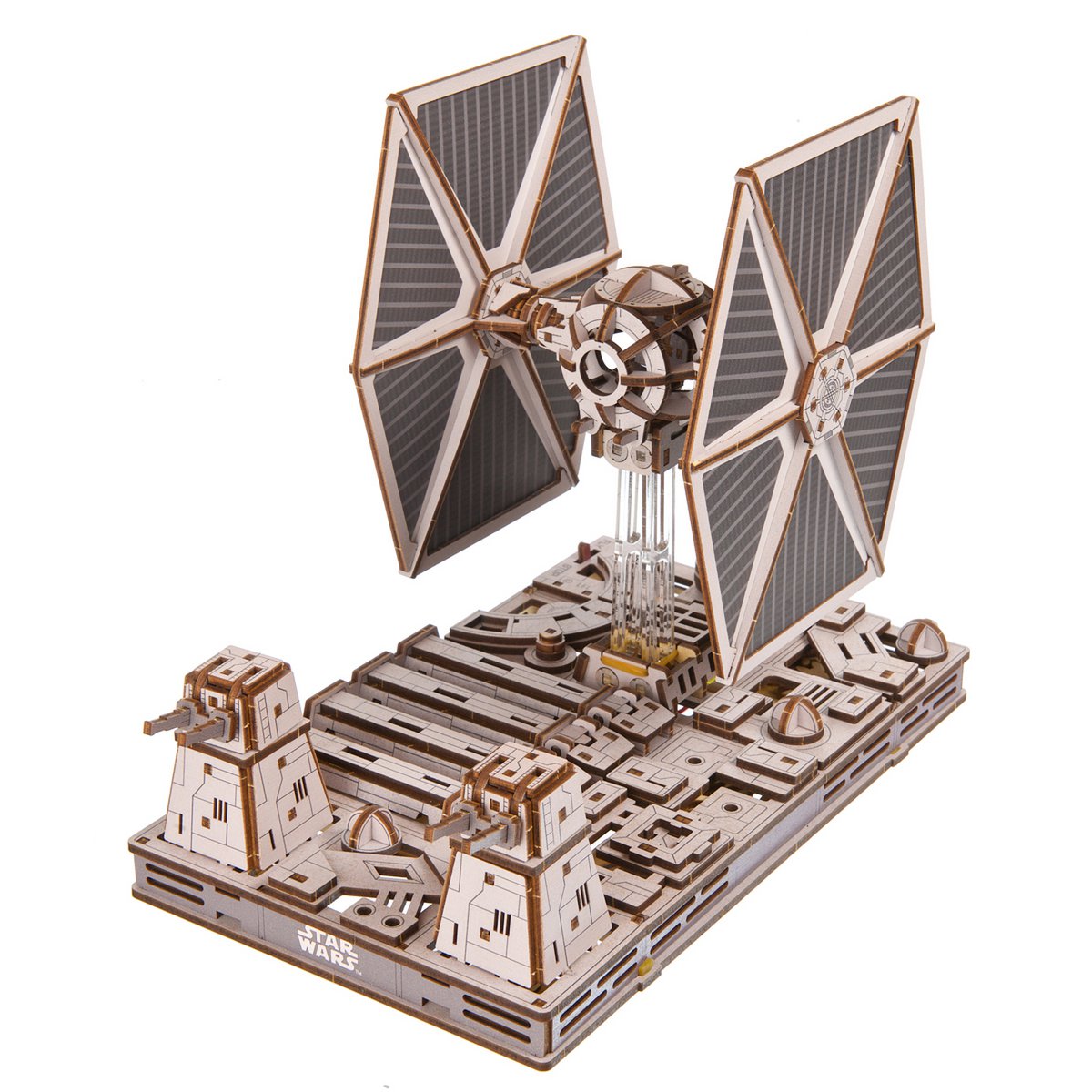 UGears Star Wars TIE Fighter miniatuur bouwpakket verpakking met houten model - zijaanzicht