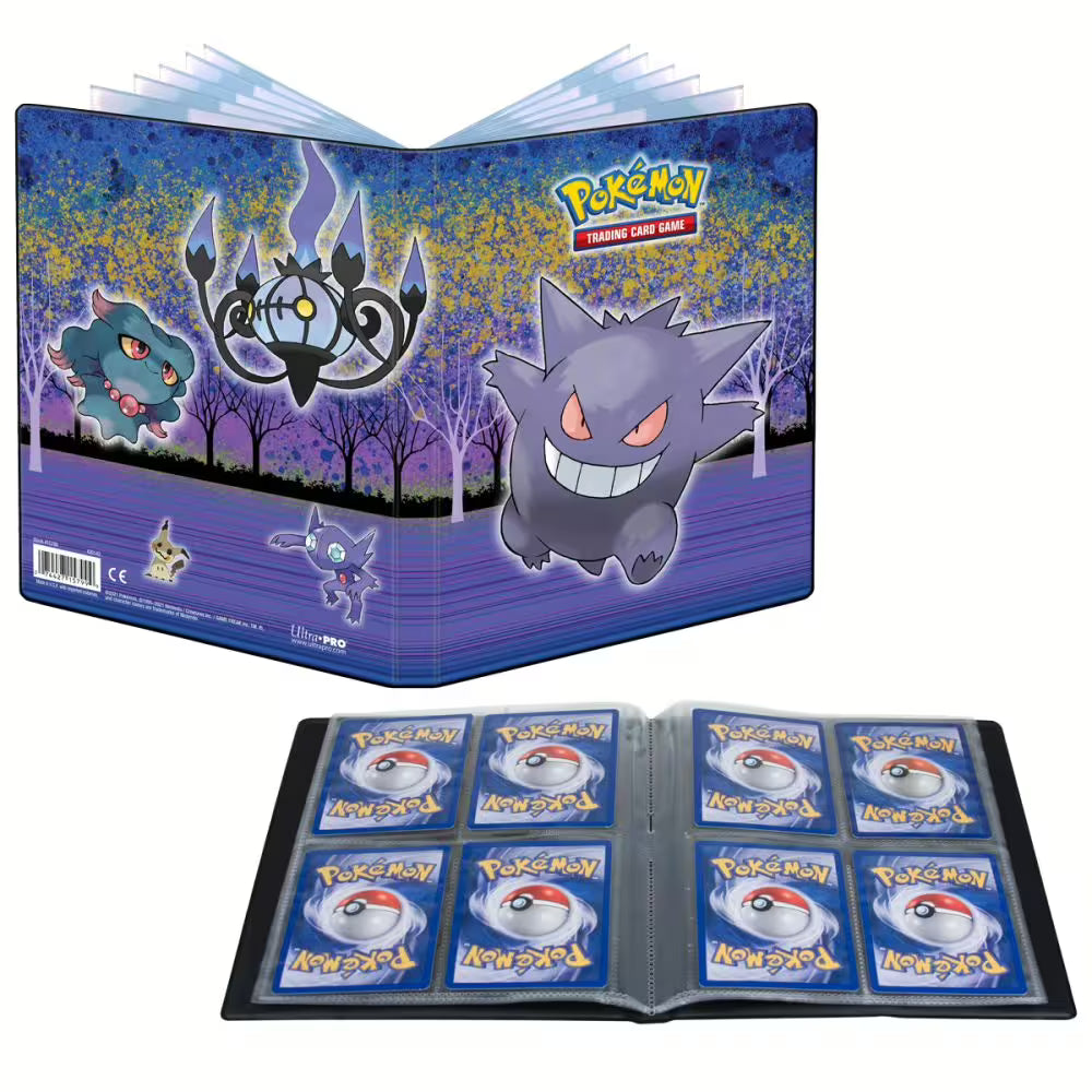 Ultra Pro Pokémon Haunted Hollow 4-pocket portfolio met Gengar artwork, inclusief een weergave van de opengeslagen compacte verzamelmap gevuld met Pokémon-kaarten.
