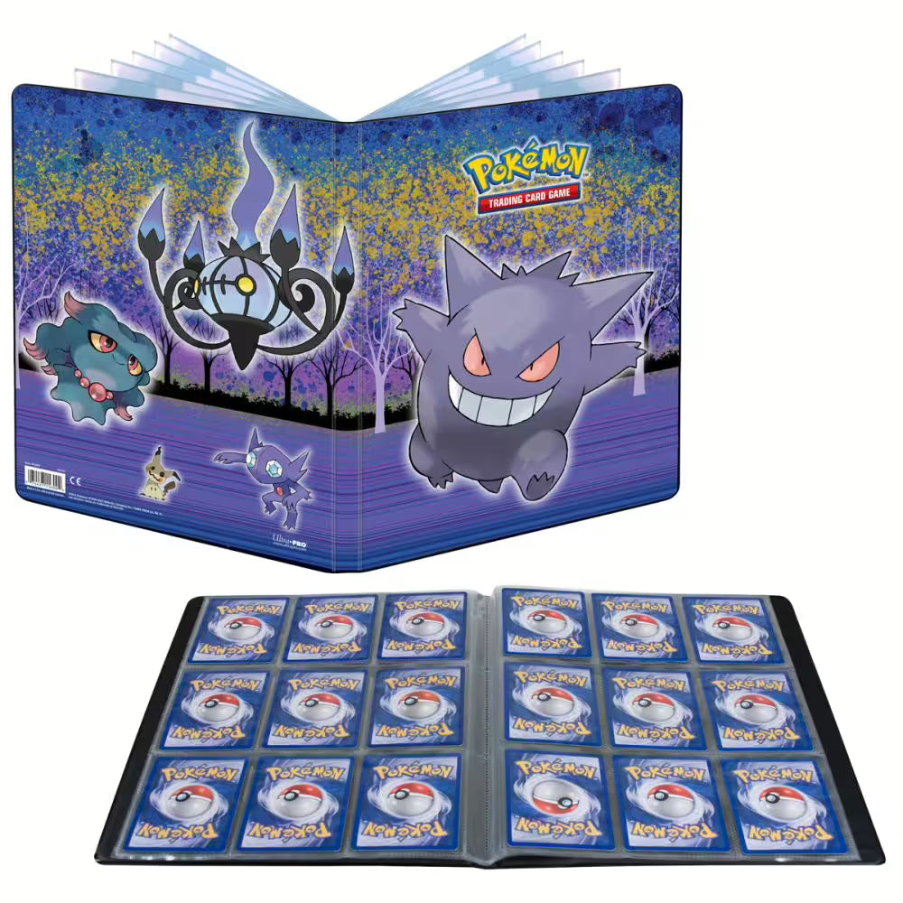 Ultra Pro Pokémon Haunted Hollow 9-pocket portfolio met Gengar artwork, inclusief een weergave van de opengeslagen verzamelmap gevuld met Pokémon-kaarten.