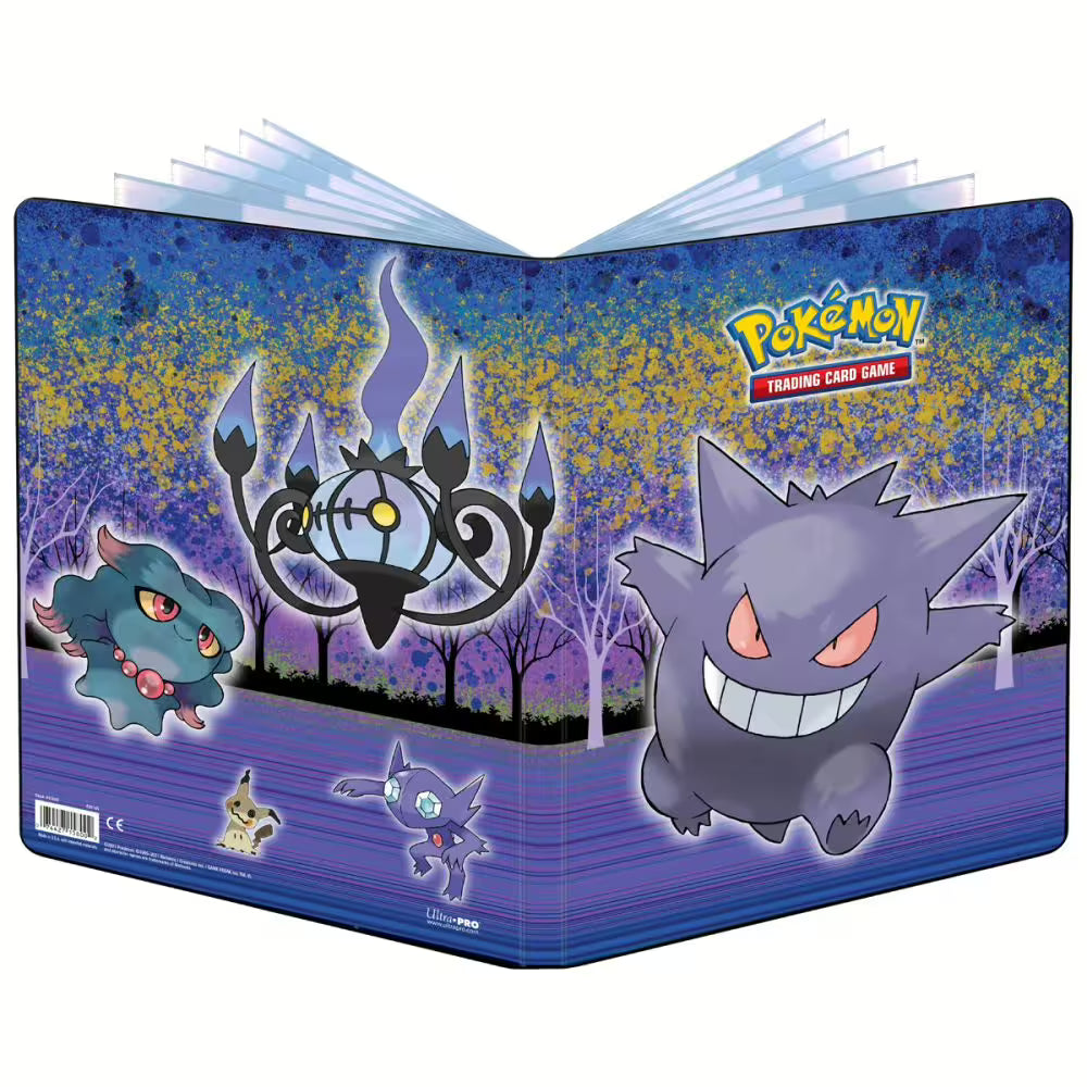 Vooraanzicht en achteraanzicht van de stevige Ultra Pro Pokémon Haunted Hollow 9-pocket PRO-BINDER met de elastische sluitband en Gengar artwork.