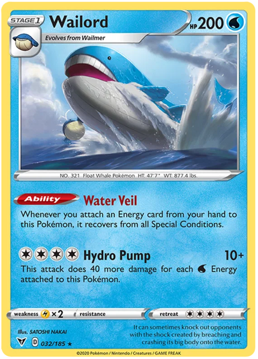 Wailord Holo #032/185 Vivid Voltage Pokémon kaart met Hydro Pump aanval