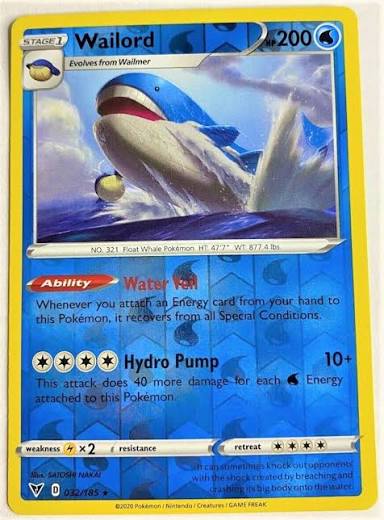 Wailord Reverse Holo Vivid Voltage Pokémon kaart met glinsterende folie