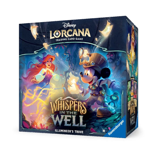 Lorcana Whispers in the Well Illumineer’s Trove Set 10 met boosterpacks, opbergdoos en accessoires.