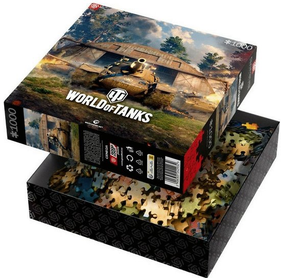 Kijkje in de opengeperste World of Tanks puzzeldoos gevuld met alle puzzelstukjes.