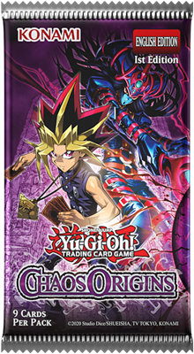 Een los Yu-Gi-Oh! Chaos Origins booster pack met afbeelding van Yami Yugi, bevat 9 kaarten per zakje.