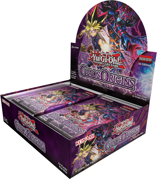 Verzegelde Yu-Gi-Oh! Chaos Origins booster box display met Yami Yugi artwork, bevat 24 packs.