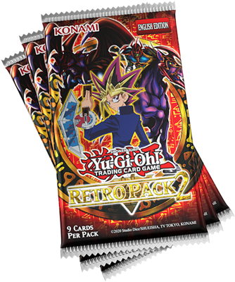 Drie Yu-Gi-Oh! Retro Pack 2 booster packs gepresenteerd in een waaier.